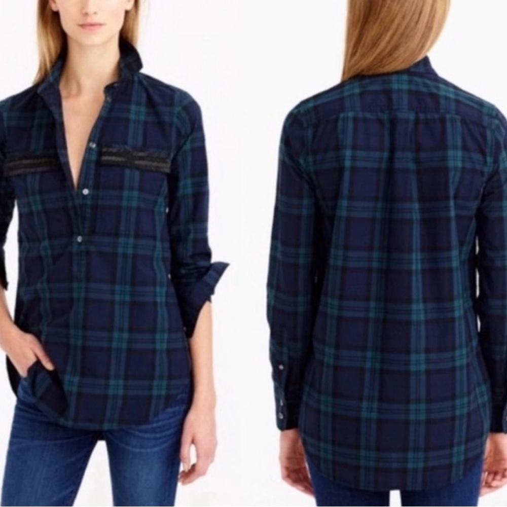 J. Crew blue green plaid chevron beaded pocket flap popover blouse size 4